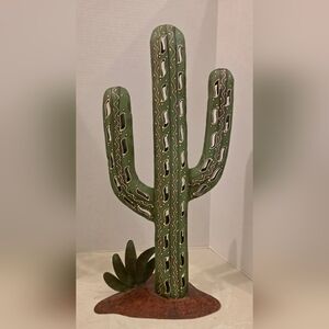 18" Saguaro Cactus Handpainted Metal Tabletop Southwestern Art Green & Gold